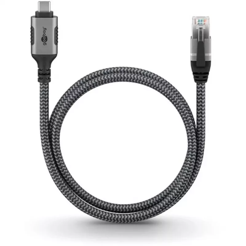 Ethernet laidas USB-C 3.2 Gen2 kištukas > RJ-45 kištukas, LAN adapteris juodas/sidabrinis, 2 metrai, pintas tekstilinis apvalkalas
