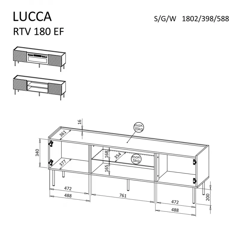 TV spintelė cama meble LUCCA 180x40x59 cm balta
