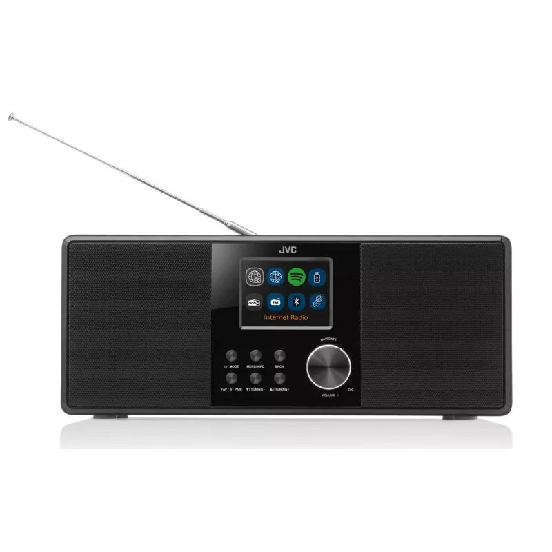 Internetinis radijas JVC RA-E981B – Wi‑Fi ir Bluetooth srautinis transliavimas, DAB+, FM, 2×5 W, 40 išankstinių nustatymų, USB, AUX, LCD ekranas