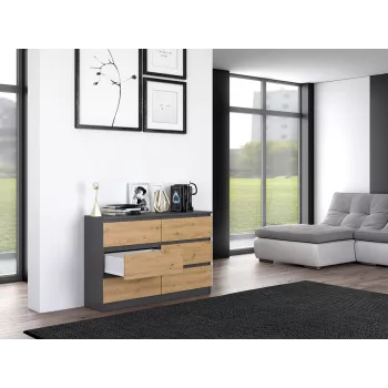 Komoda Top e shop M6 120 – Antracitas/Ąžuolas, 6 stalčių, 1200×300×770 mm, medžio drožlių plokštė