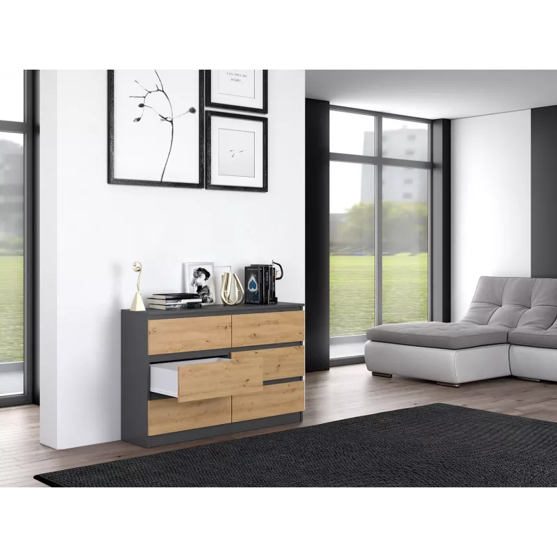 Komoda Top e shop M6 120 – Antracitas/Ąžuolas, 6 stalčių, 1200×300×770 mm, medžio drožlių plokštė