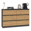 Komoda Top e shop M6 120 – Antracitas/Ąžuolas, 6 stalčių, 1200×300×770 mm, medžio drožlių plokštė