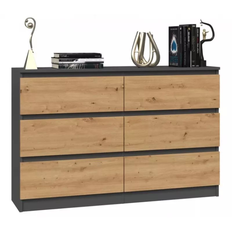 Komoda Top e shop M6 120 – Antracitas/Ąžuolas, 6 stalčių, 1200×300×770 mm, medžio drožlių plokštė