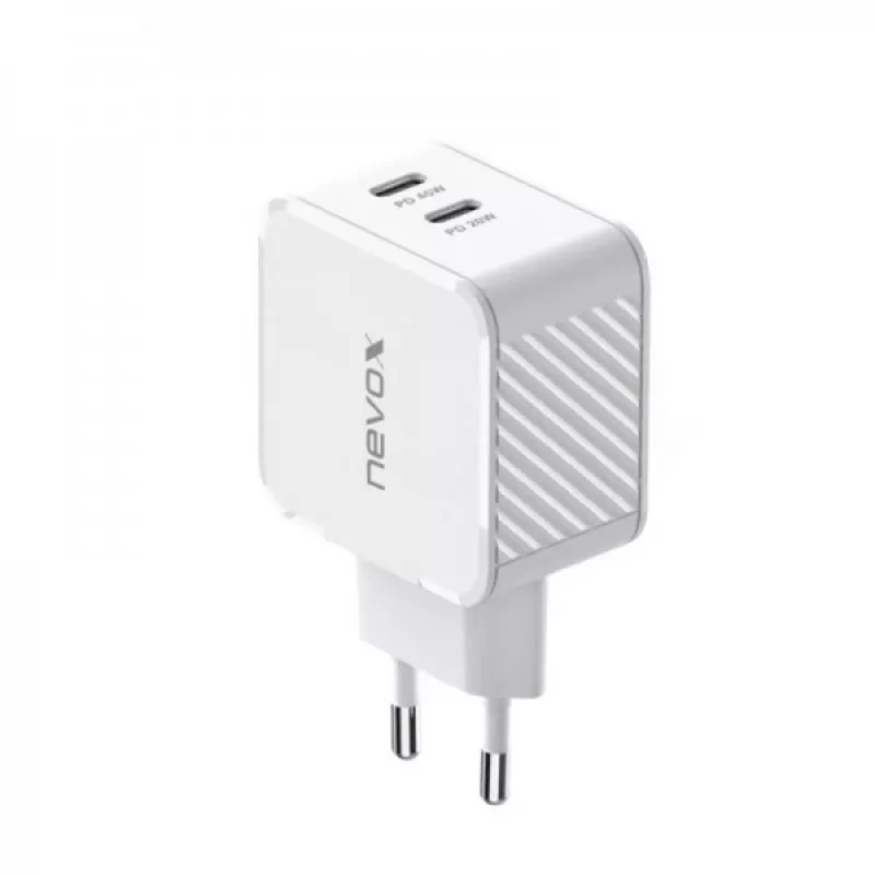 Nevox 45W dvigubas USB-C PD GaN įkroviklis, baltas, modelis 2569