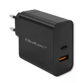 Qoltec 52380 Super Quick PD įkroviklis | 1xUSB-C | 1xUSB | 65W | 5-20V | 1,5-3,25A | Juodas