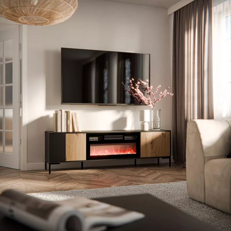 TV spintelė Cama Meble MERCI su židiniu, 180 x 40 x 53,5 cm, juodas viršus, ąžuolo artisan rėmas