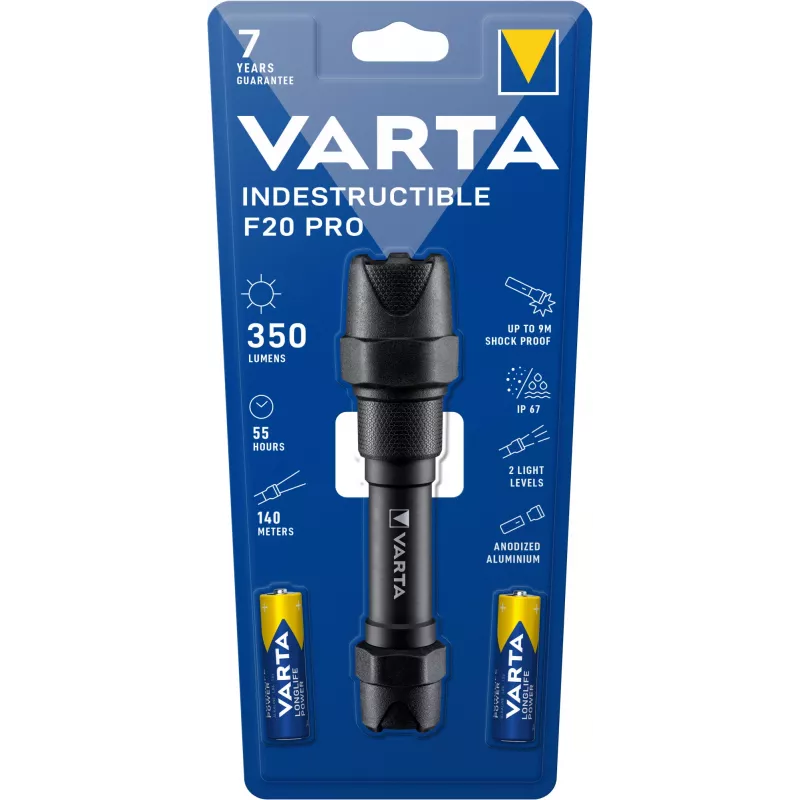 Varta Indestructible F20 Pro – nešiojamas prožektorius, juodas, aliuminis, 9 m, IP67, LED
