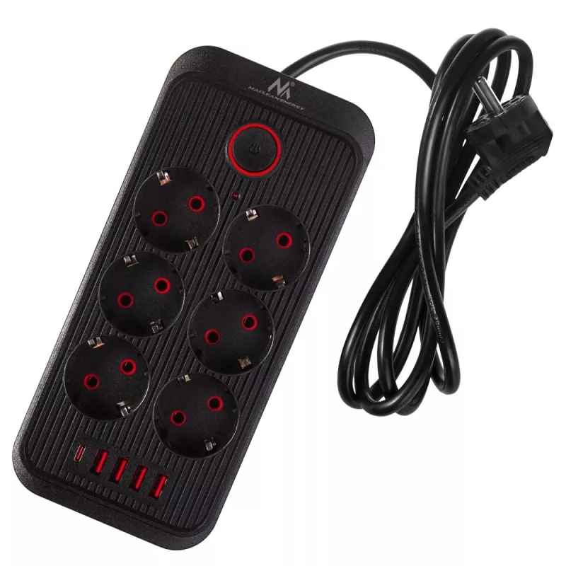 Maitinimo blokas MACLEAN MCE389 B — 6 lizdai, 4×USB-A + 1×USB-C, 110–240V, 2,1A, 2500W, 1,5 m laidas, juodas