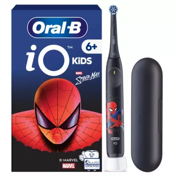 BRAUN Oral‑B iO Kids Marvel Spiderman elektrinis dantų šepetėlis – įkraunamas, 3 režimai, 2 minučių muzikinis laikmatis, kelioninis dėklas, 1 antgalis, ličio jonų