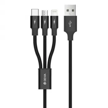 USB 3-in-1 įkrovimo ir duomenų kabelis Devia Kintone Series — Lightning, Micro-USB, USB-C, 1,2 m, juodas