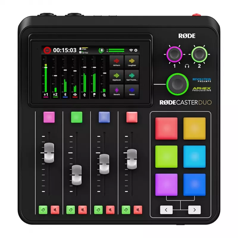 Studijos valdiklis RØDE Caster Duo Black – 2 kombinuoti XLR/TRS, 2 TRS linijiniai išėjimai, 48 kHz, 24 bitai, jutiklinis ekranas, Wi‑Fi, Bluetooth