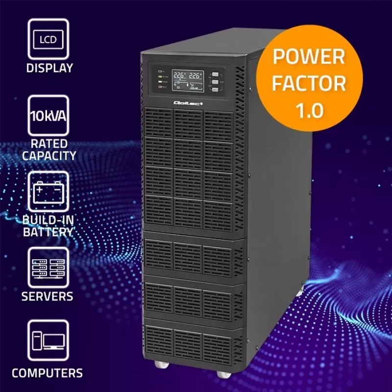 Qoltec 52284 Nepertraukiamo maitinimo šaltinis UPS | 10kVA | 10000W | Galios koeficientas 1.0 | LCD | EPO | USB | On-line