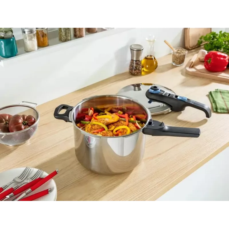 Slėginė viryklė Tefal SECURE TRENDY 6L su nerūdijančio plieno garinimo krepšeliu, tinka indukcinėms kaitlentėms