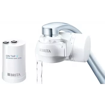 Vandens filtro ant čiaupo BRITA ON TAP V CU CE2 (1052067) — 4 pakopų, 600 l talpa, 3 režimai, 5 adapteriai, balta