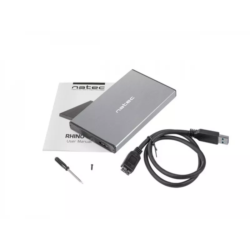 Išorinis HDD/SSD dėklas NATEC Rhino GO — 2,5 colio SATA, 9,5 mm, USB 3.0, aliuminis, pilkas, iki 4 TB