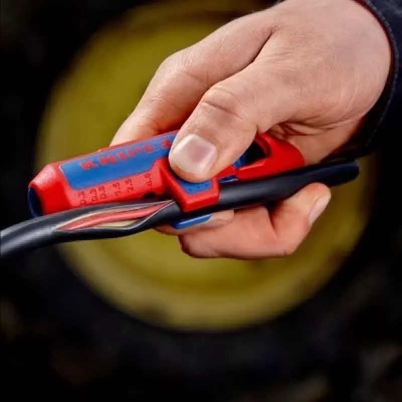 Nuėmimo įrankis Knipex ErgoStrip PV 16 95 03, skirtas PV kabeliams, su reguliuojamu atraminiu stabdžiu, ergonomiška rankena
