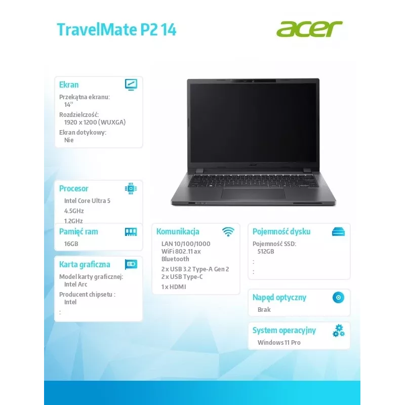 Nešiojamas kompiuteris Acer TravelMate P2 TMP214-75-G3-TCO 14 colių WUXGA IPS, Intel Core Ultra 5 125H, 16GB RAM, 512GB SSD, pirštų atspaudų skaitytuvas, SmartCard, Windows 11 Pro, 3 metų garantija su atvykimu į vietą