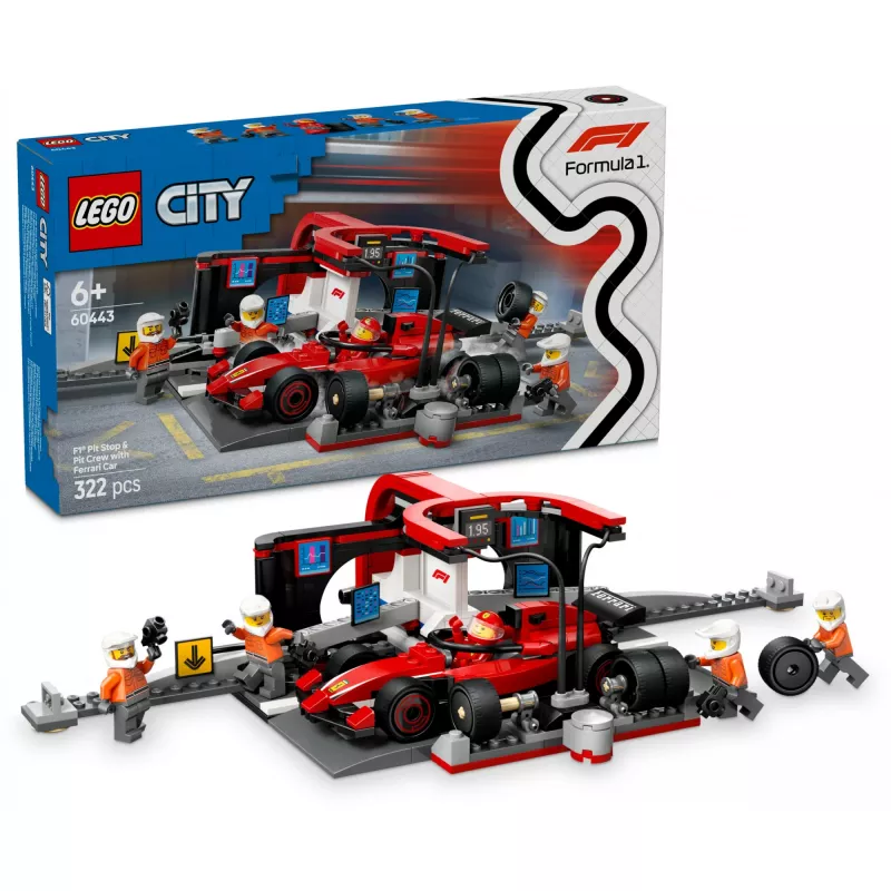 LEGO City F1 Pit Stop rinkinys 60443 – Ferrari F1 automobilis, 322 detalės, 5 minifigūrėlės, nuo 6 metų