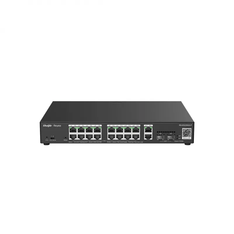 Valdomas L2 Gigabit PoE jungiklis Ruijie RG-ES220GS-P — 18× Gigabit (10/100/1000), IEEE 802.3af/at, 40 Gbit/s, juodas