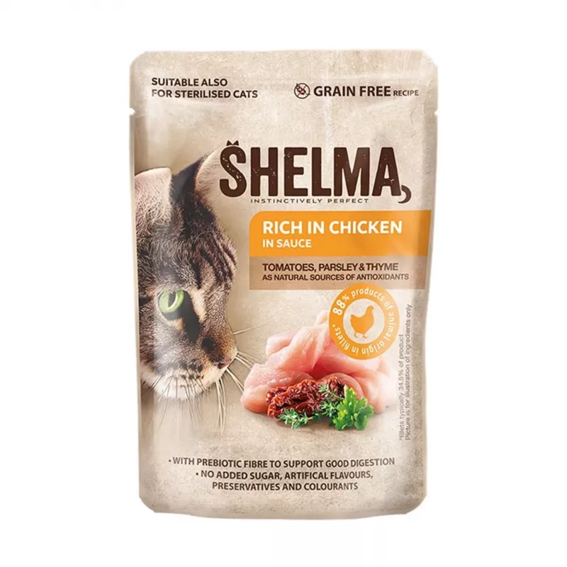 Šlapias kačių ėdalas SHELMA multipack 4×85 g – suaugusioms katėms, vištiena, kalakutiena, jautiena, antis, be grūdų