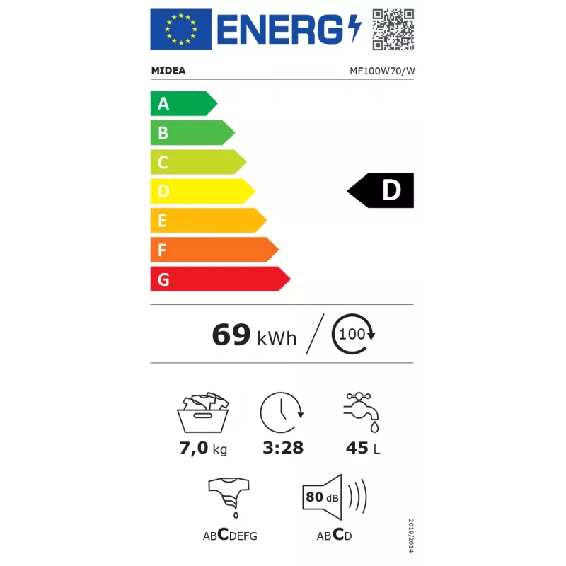 Priekinio pakrovimo skalbimo mašina Midea MF100W70/W — 7 kg, 1200 aps./min., energijos klasė D, 60 cm plotis