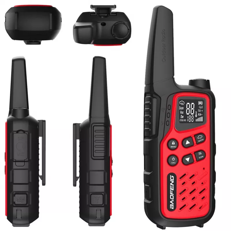 Nešiojama racija Baofeng BF-T25E — 16 kanalų, 0,5 W, Li-Ion 1400 mAh, 2 vnt. komplektas (raudona)