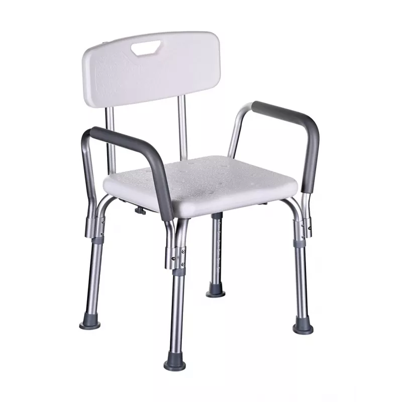 Priekabinis dušo kėdė ActionMed KP300AM su atlošu ir porankiais, polipropilenas, reguliuojamas aukštis 43–56 cm, sėdynė 40×33 cm, maks. svoris 110 kg