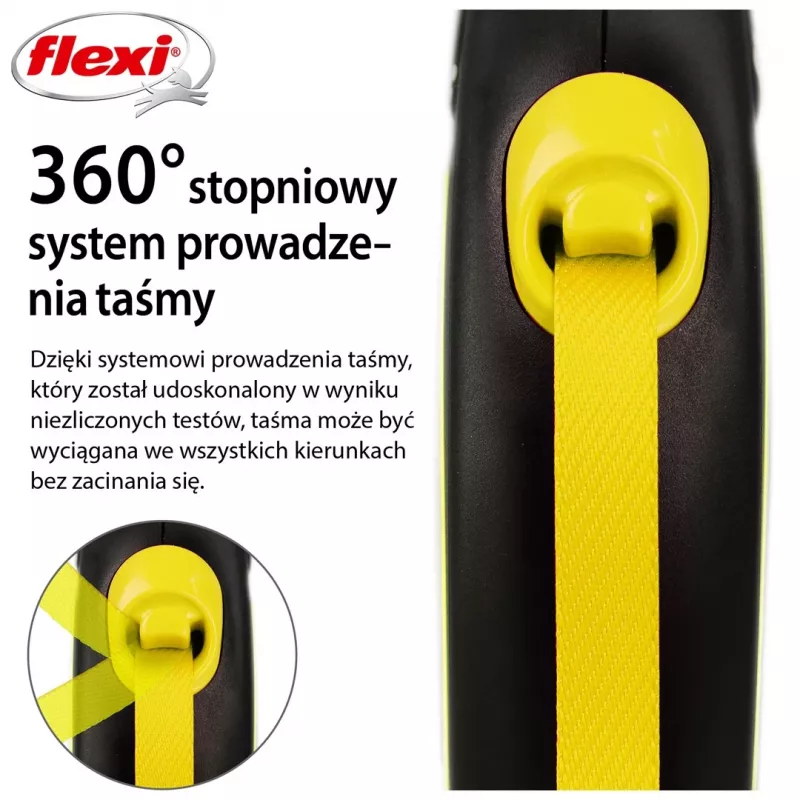Flexi New NEON atsitraukiamas pavadėlis 5 m - juostinis, mažiems šunims iki 15 kg, juoda/geltona