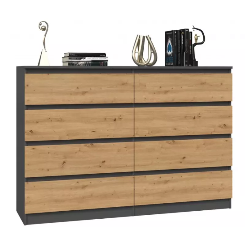 Komoda Top e shop M8 140 ANT/ART su 8 stalčiais, Antracitas/Ąžuolas, 1380×400×970 mm