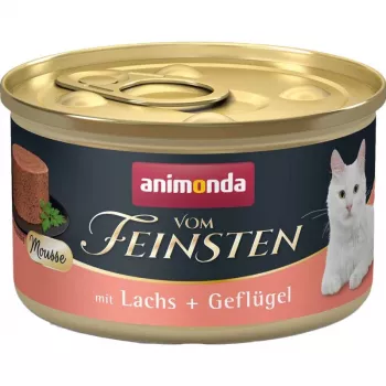 Šlapias kačių ėdalas animonda Vom Feinsten su lašiša ir paukštiena be grūdų 85 g skardinė, suaugusioms katėms, be glitimo, be sojos