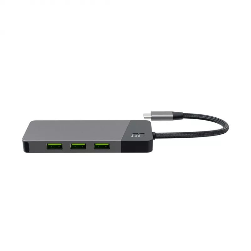 USB Type-C centrinis įrenginys Green Cell HUBGC01 — 7 prievadai: 3×USB-A 3.2 Gen 1, 1×USB-C 3.2 Gen 1, HDMI, microSD+SD kortelių skaitytuvas — sidabrinis