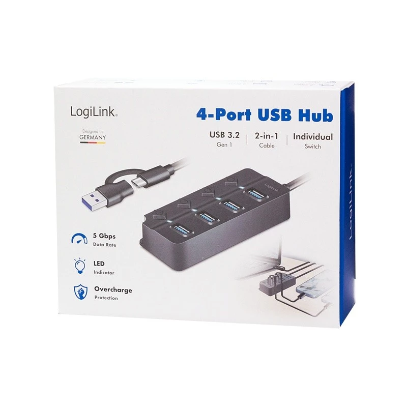 USB 3.2 Gen1 HUB, 4xUSB-A su atskirais jungikliais