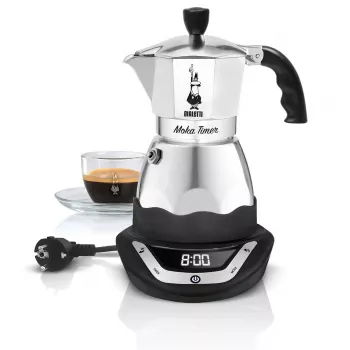 Elektrinis mokos kavos virimo aparatas BIALETTI 3 puodeliams Moka Timer, programuojamas LED ekranas, aliumininis korpusas, talpykla