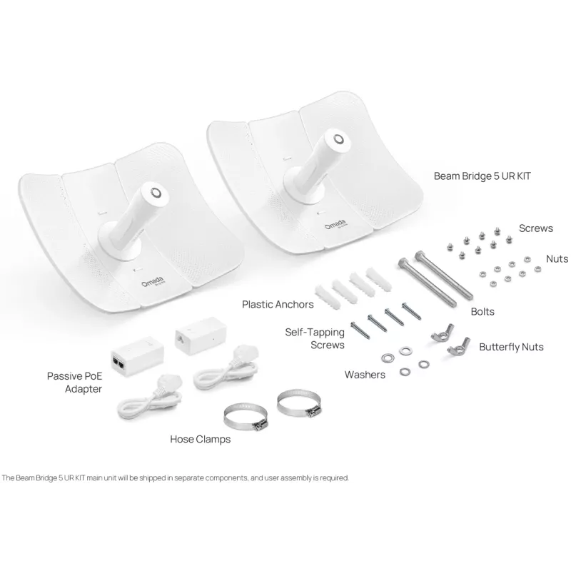 Tinklinis tiltas TP-LINK Beam Bridge 5 UR KIT, 5 GHz vienos juostos, Wi‑Fi 5 (802.11ac), Gigabit Ethernet, išorinė antena, maks. atstumas 15000 m, baltas