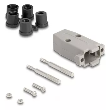 Kabelio gaubtas DELOCK D-Sub plastikinis korpusas 9 kontaktų vyriškam/moteriškam jungčiui su guminiais tarpikliais, pilkas, 31,2×47,9×16,6 mm