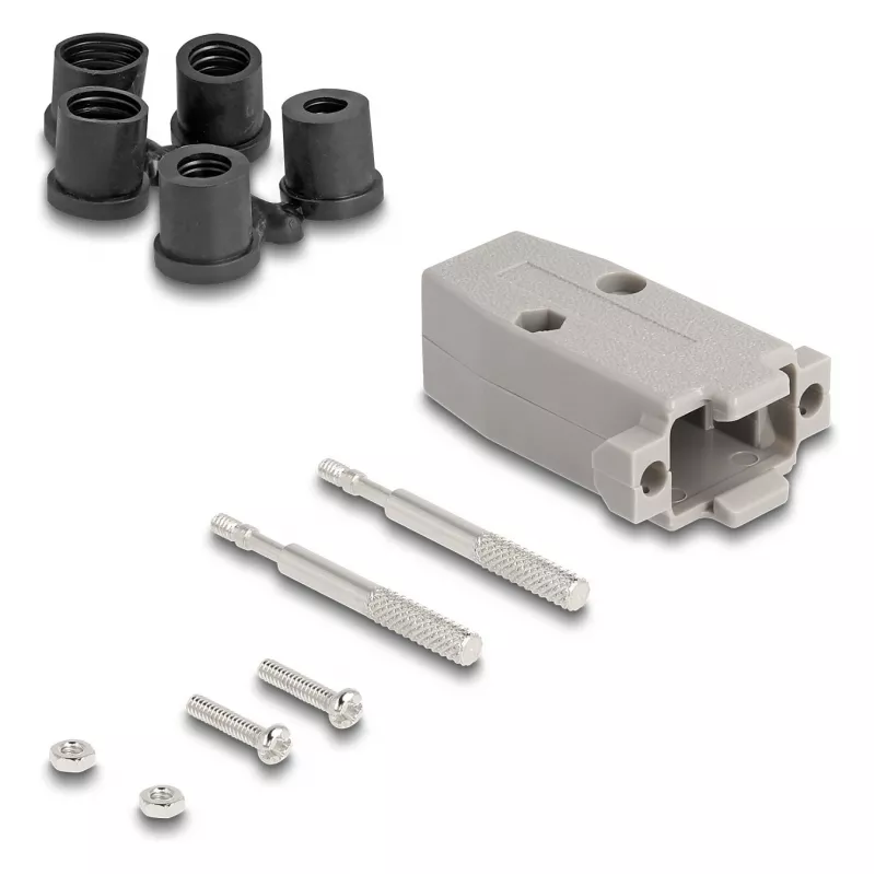 Kabelio gaubtas DELOCK D-Sub plastikinis korpusas 9 kontaktų vyriškam/moteriškam jungčiui su guminiais tarpikliais, pilkas, 31,2×47,9×16,6 mm
