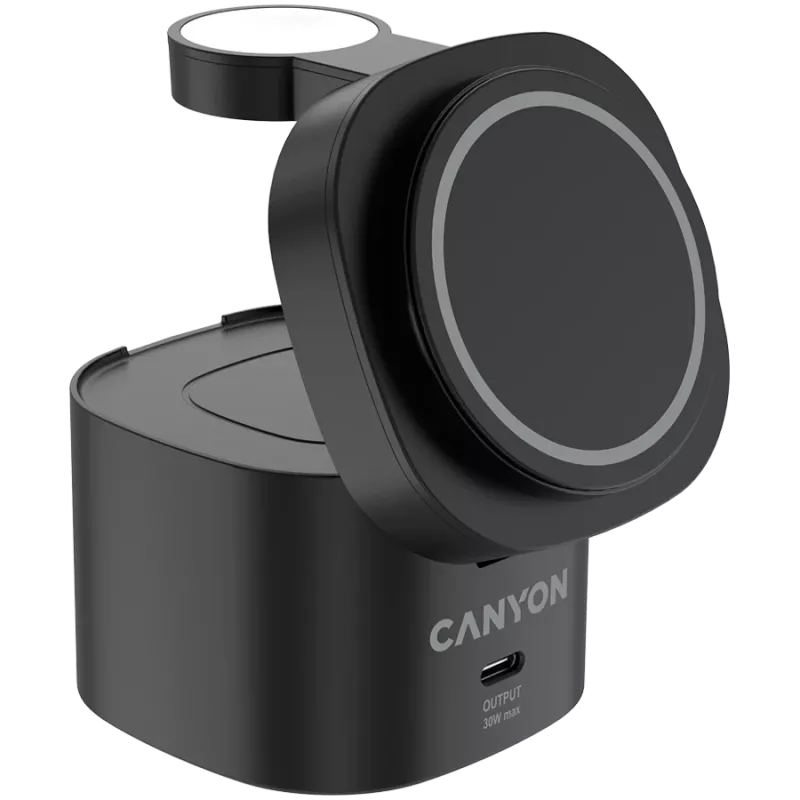 Canyon 4 viename belaidis įkrovimo stovas, 30W maks., 70x70x70.3mm, 414g, su 65W įkrovikliu ir 1m laidu, juodas