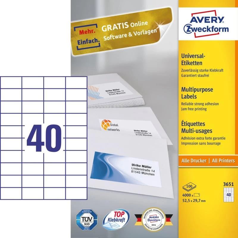 Avery Zweckform 3651 Universal Lipdukai 52,5 x 29,7 mm, 100 lapų, balti