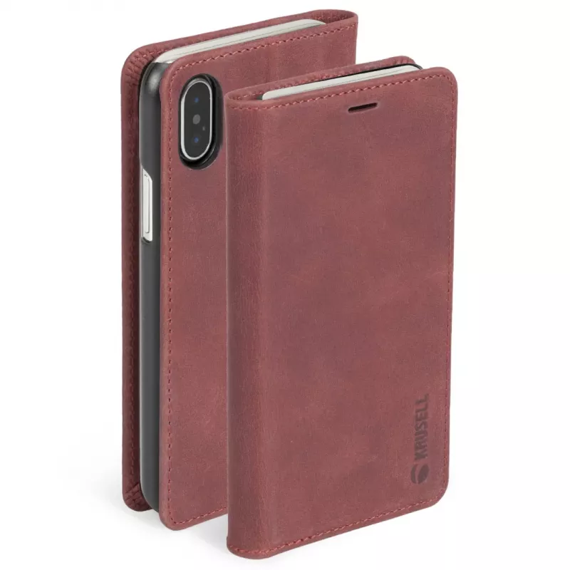 Krusell Sunne 4 Card FolioWallet dėklas iPhone XS Max – raudona natūrali oda