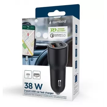 Automobilinis įkroviklis Gembird TA-UC-AC2PDQC38-CAR-01, USB-C, 38W, 12–24V, juodas