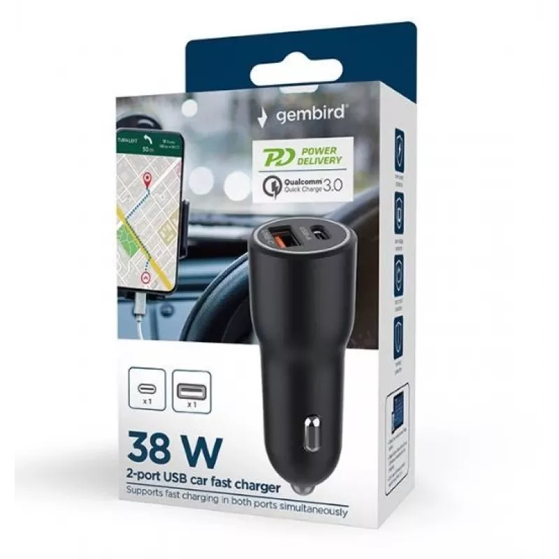 Automobilinis įkroviklis Gembird TA-UC-AC2PDQC38-CAR-01, USB-C, 38W, 12–24V, juodas