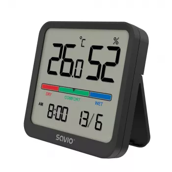 Vidaus temperatūros ir drėgmės jutiklis SAVIO CT-01/B pastatomas, LCD, -10–55°C, 10–99% RH, CR2032