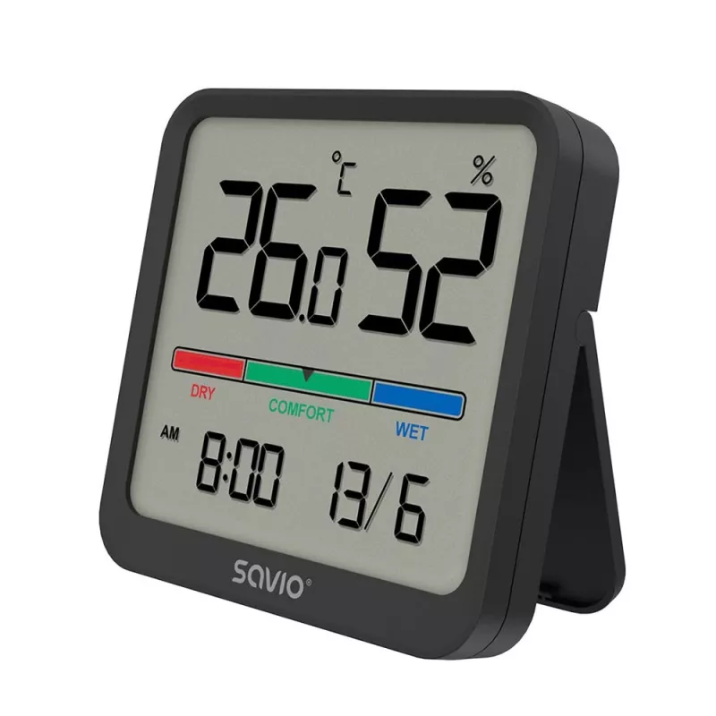 Vidaus temperatūros ir drėgmės jutiklis SAVIO CT-01/B pastatomas, LCD, -10–55°C, 10–99% RH, CR2032