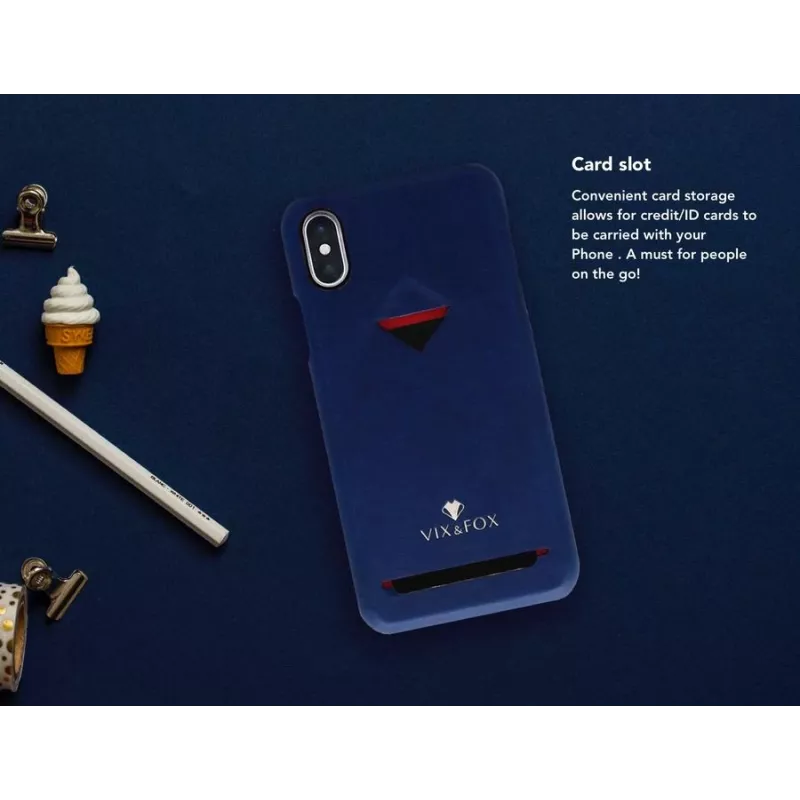 VixFox dėklas su kortelių kišene iPhone XSMAX, tamsiai mėlynas, nugara su integruota kortelių laikykle