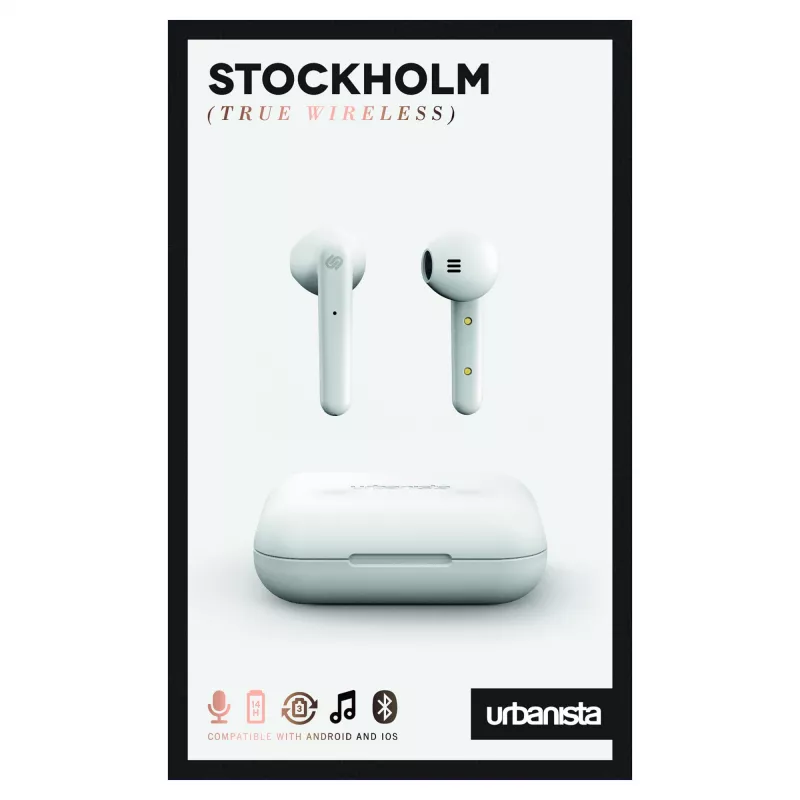 Belaidės ausinės Urbanista Stockholm – tikros belaidės į ausis, skirtos pokalbiams ir muzikai, 10 m diapazonas, balta
