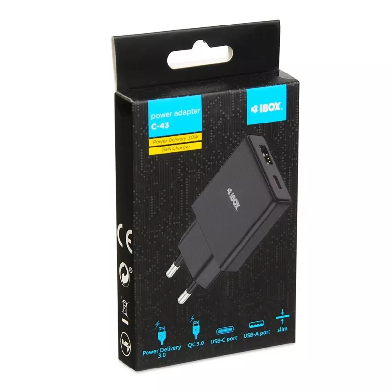 iBOX C-43 Slim GaN PD30W sieninis įkroviklis, juodas