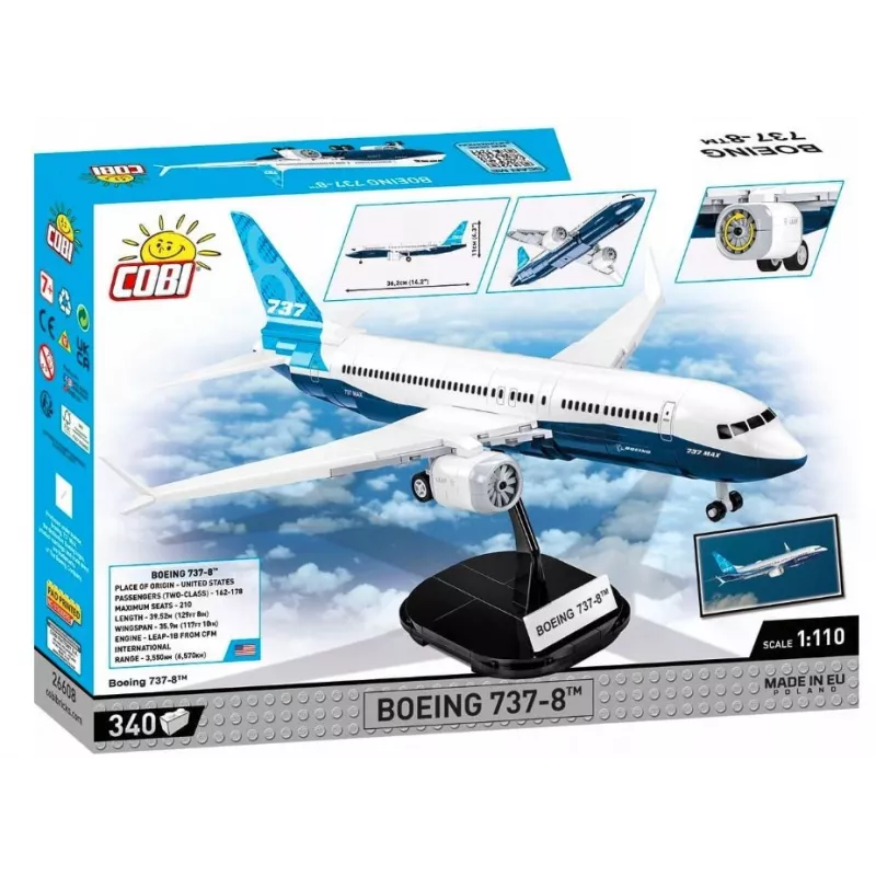 Konstruktorius Cobi Boeing 737-8 – 340 detalių, rekomenduojamas amžius 7+, mėlynos ir baltos spalvos