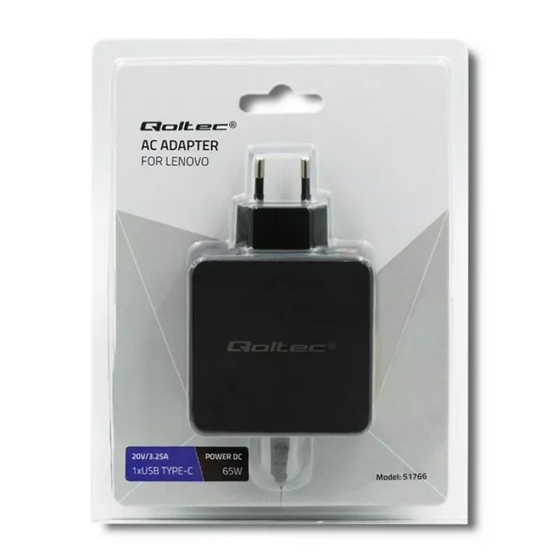 Maitinimo adapteris QOLTEC 51766 65W AC-DC 20V 3,25A, skirtas IBM/Lenovo, juodas, 1,75 m laidas