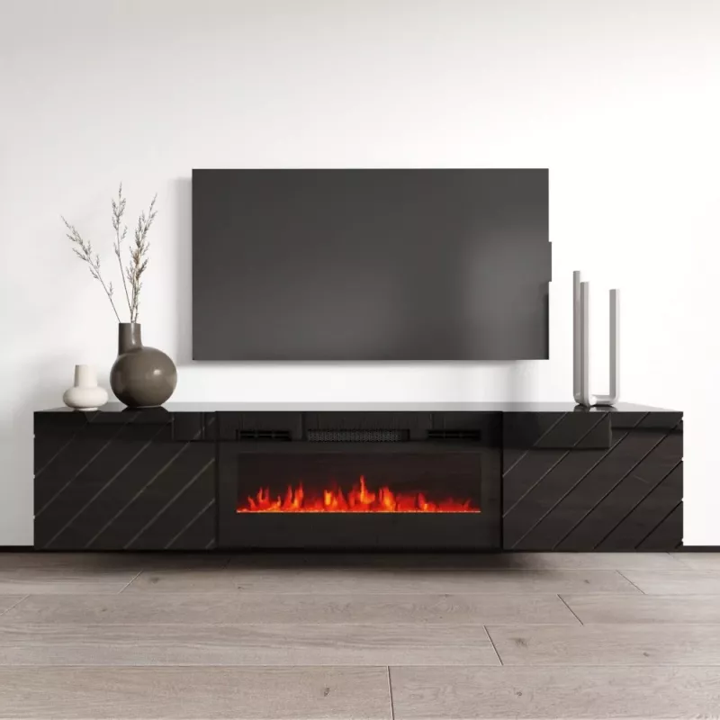 Spintelė televizoriui cama meble LUXE 301126 su įmontuotu elektriniu židiniu, 182,6×34,5×37,5 cm, juodas blizgesys