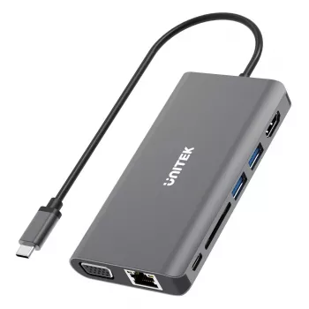 UNITEK uHUB O8+ laidinis USB 3.2 Gen 1 Type-C lizdas pilkas 100W Power Delivery